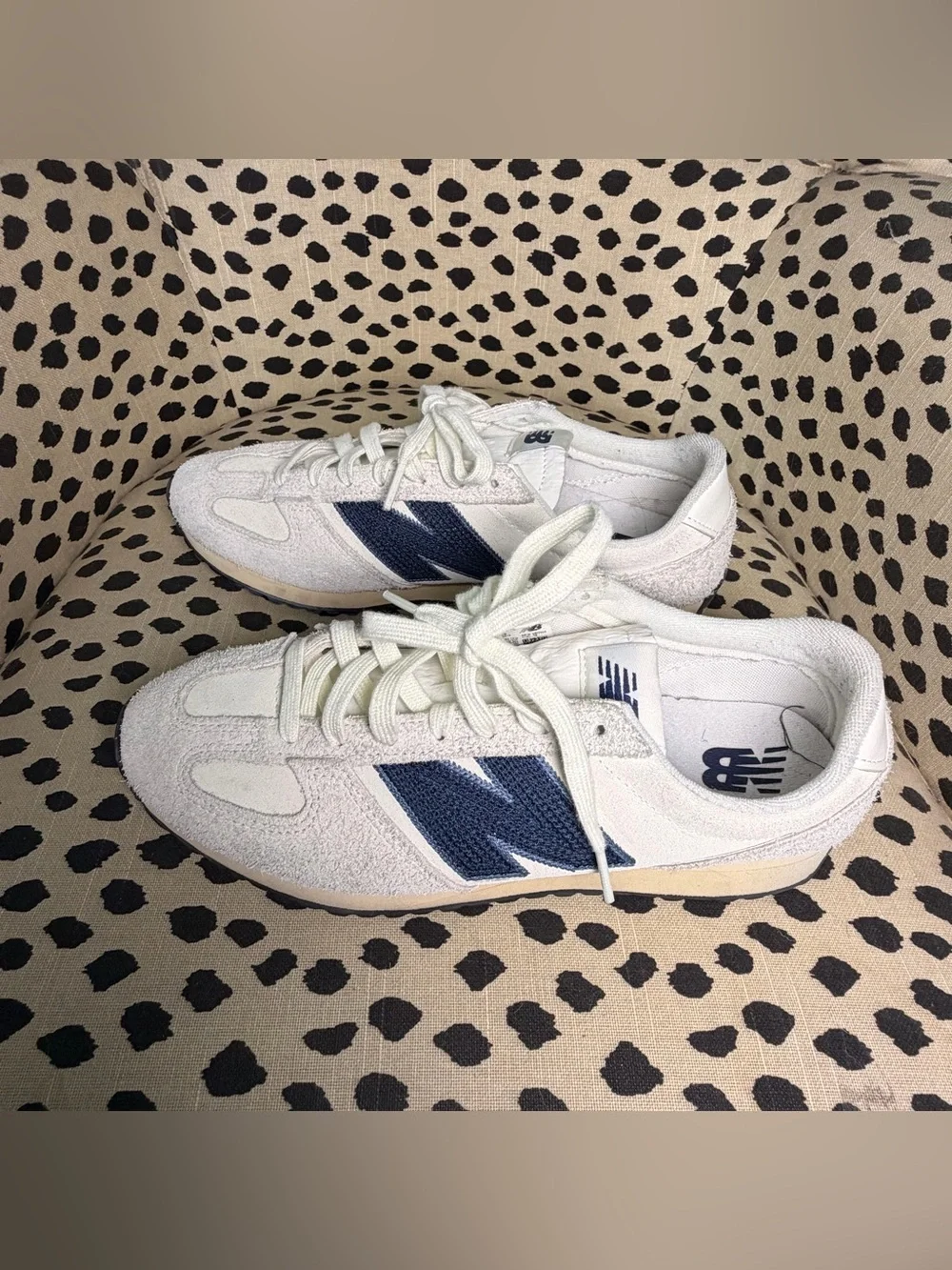 New Balance Women’s White Suede Sneakers with Navy 'N' Accent